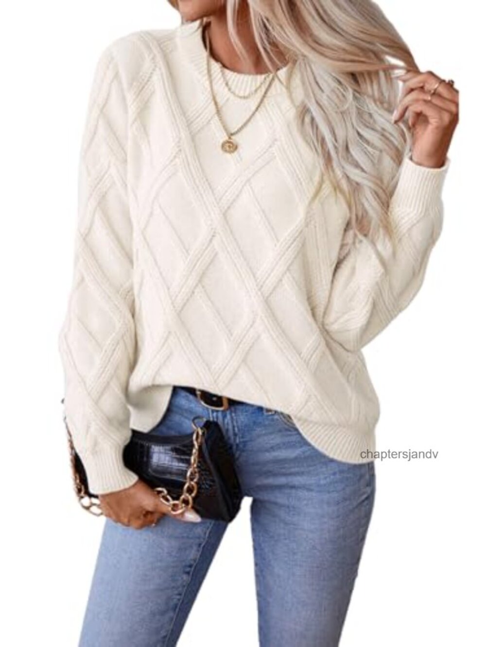 Womens Cable Knit Crewneck Long Sleeve Pullover Sweater Fall Top